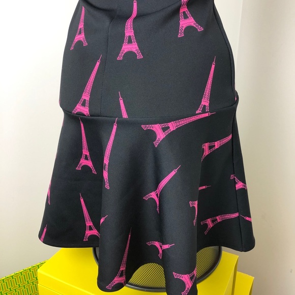 H&M Black Sleeveless Funnel Neck Eiffel Tower Print Fit & Flare Dress Size XS - Picture 7 of 10